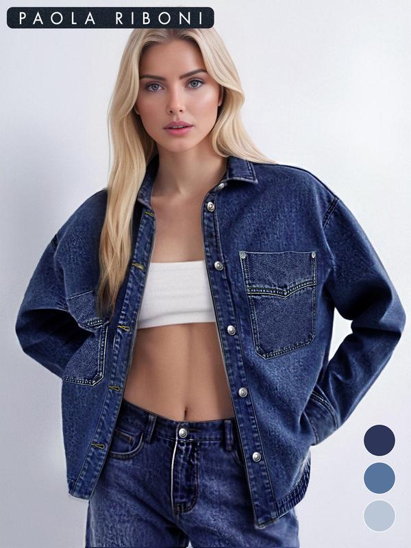 Viral Plain Button Front Drop Shoulder Curved Hem Denim Jacket