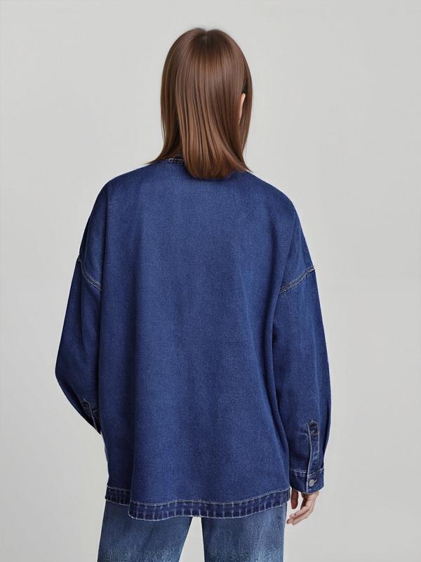 Viral Plain Button Front Drop Shoulder Curved Hem Denim Jacket