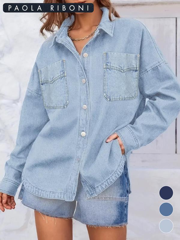 Viral Plain Button Front Drop Shoulder Curved Hem Denim Jacket