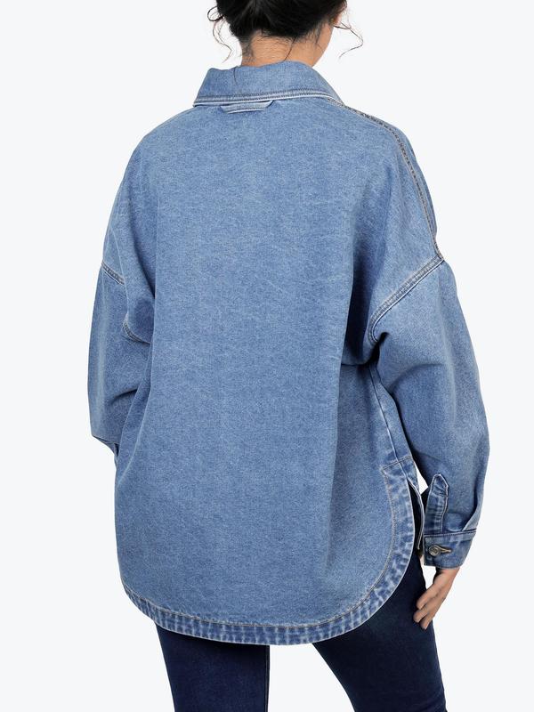 Viral Plain Button Front Drop Shoulder Curved Hem Denim Jacket