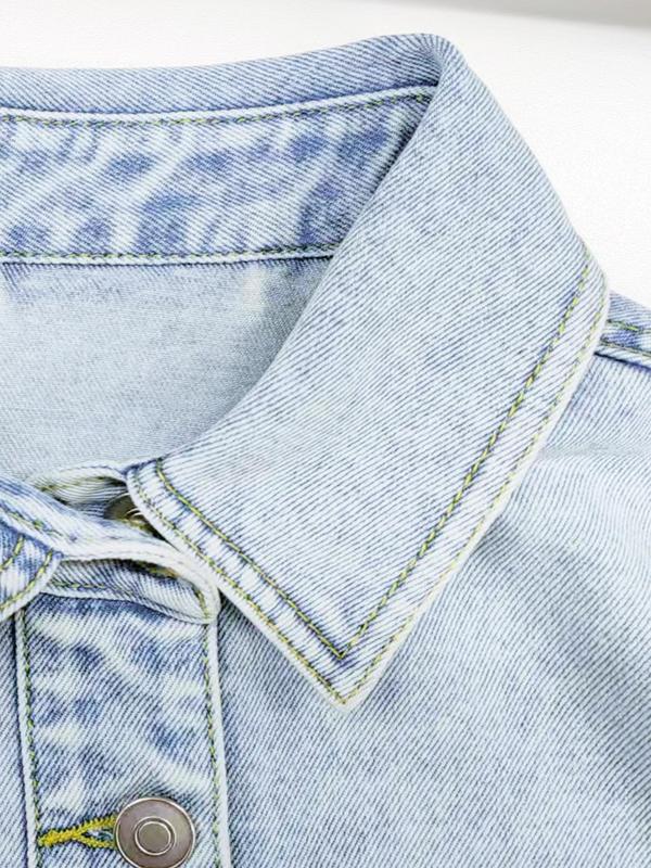 Viral Plain Button Front Drop Shoulder Curved Hem Denim Jacket