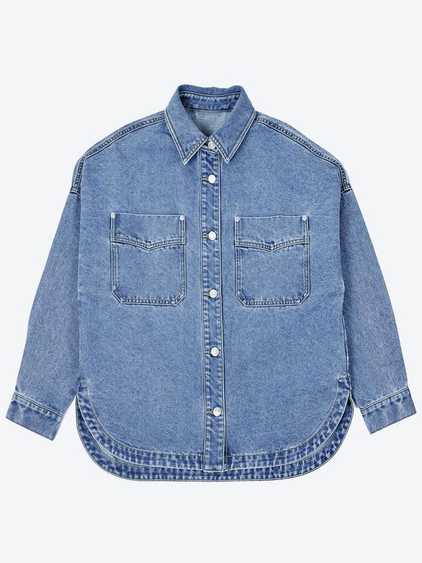Viral Plain Button Front Drop Shoulder Curved Hem Denim Jacket
