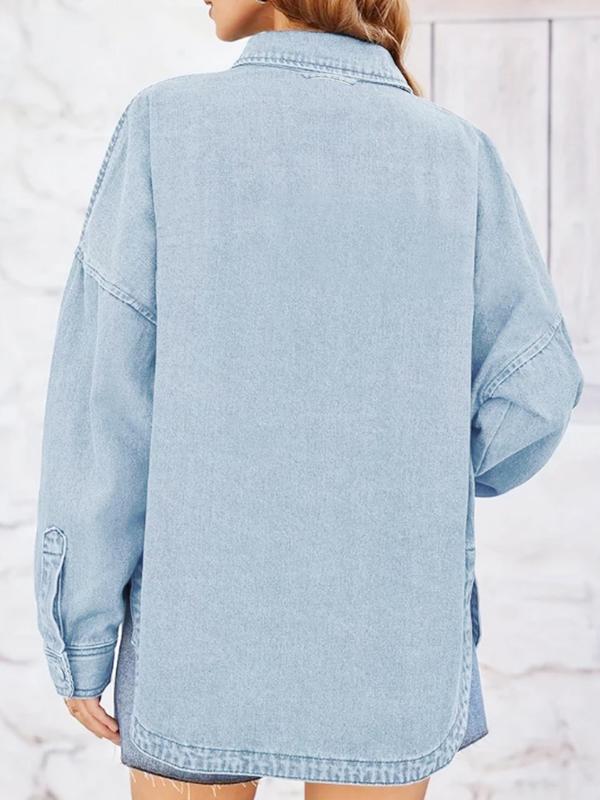 Viral Plain Button Front Drop Shoulder Curved Hem Denim Jacket